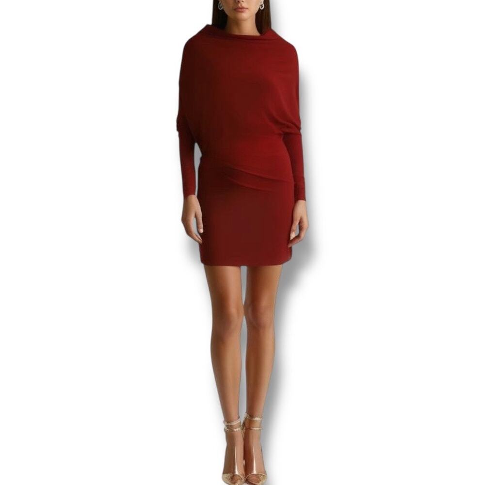 Norma Kamali Size L Cowlneck Sheath Dress Solid Red Modest Professional Cocktail